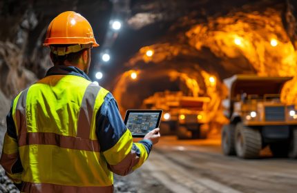 In the background, heavy machinery is being used to monitor drilling operations in an underground mine