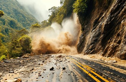 Landslide, rockfall on the road, dust and stones in the air. The concept of natural disasters